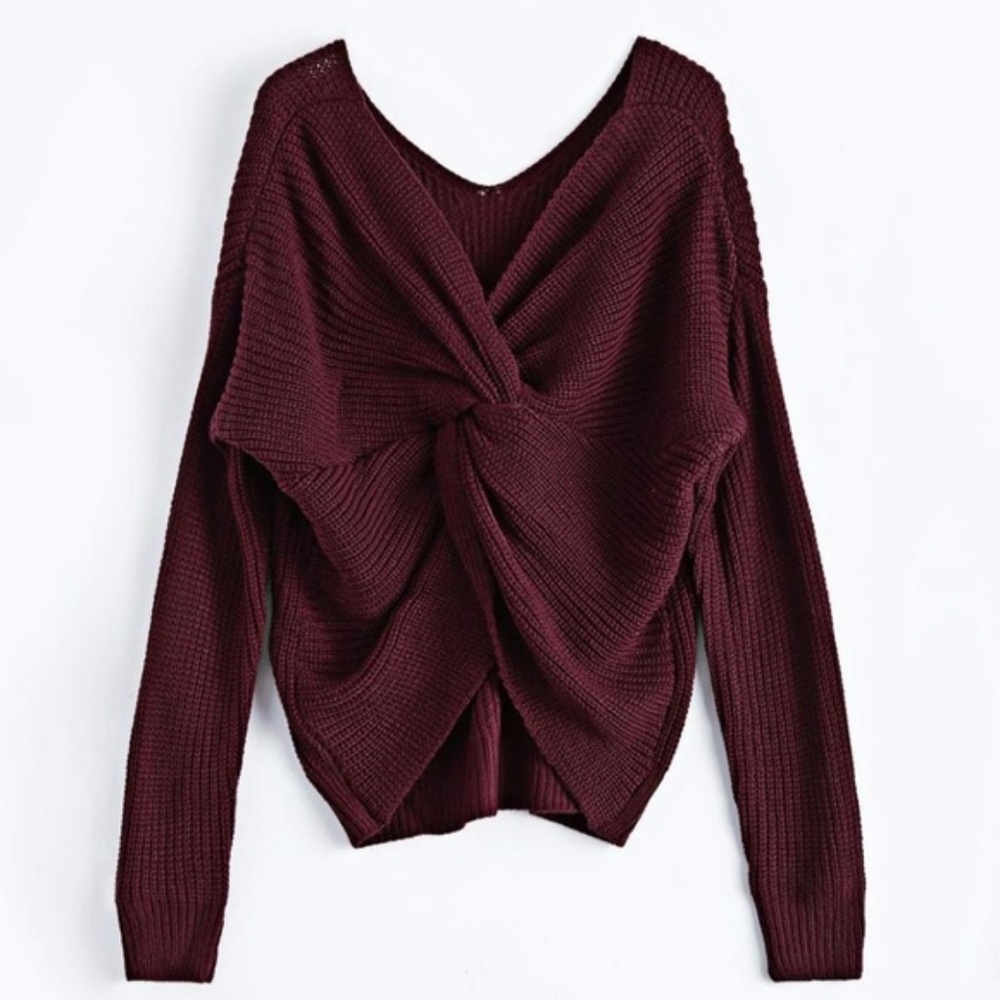 Open Back Twisted Knot Back Comfy Sweater - Picture 2 of 8